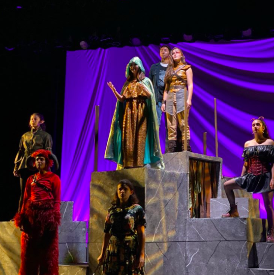 From left to right: Elizabeth Holm (‘21), Neal Mehta (‘21), Sydney Gerlach (‘20), Novalyne Petreikis (‘23), Joseph Aguilar (‘22),  Maddie Ishayik (‘23), and Delilah Delgado (‘21) all stand on stage during the closing scene of the Bishops fall play: She Kills Monsters 

(Photo courtesy of the Bishop’s School Instagram)
