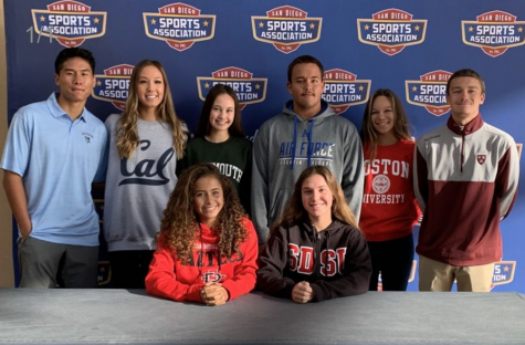 Eight seniors signed on November 13 pose for a picture. From left to right: Chase Ladrido, Brooke Buchner, Lila Browne, Sam de la Cruz, Alex-Rose Molinar, Max Keck, Courtney Anderson, Katie Scott 