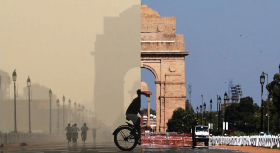 Since the start of social distancing, the amount of pollution around the India Gate has dropped immensely. PC: Twitter @AkbaruddinIndia and edited by Clare Malhotra 22