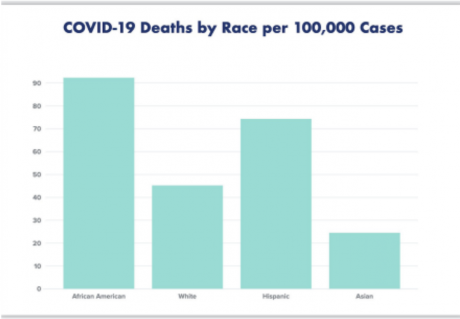 This visual representation of COVID-19 deaths by race per 100,000 cases shows that African Americans are dying at disproportionate rates.