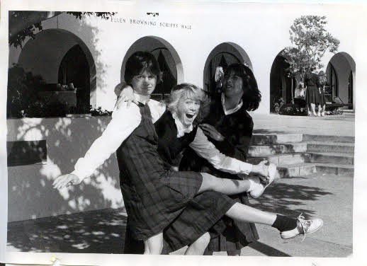 Three bishop’s students pose in front of Bishops’ Scripps Hall in the early 1980s. If any readers know who they are, contact us!