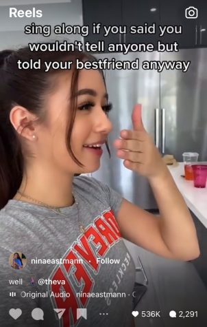 Many trends that originated on TikTok are directly replicated on Reels. For example, here, the creator starts with the camera in front of their face, then turns to the side to reveal them lip syncing behind their hand, admitting that they are “singing along if…” as the caption reads.