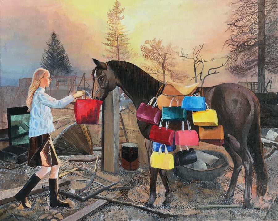 This painting, called Among the Ashes, was inspired by the California wildfires and society’s obsession with material goods. “When people hear evacuation, the first thing they think of is all the stuff they have to pack up,” Sharisa explained.