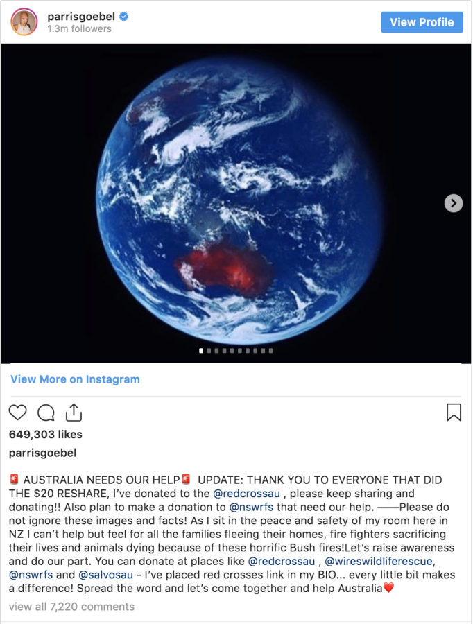 Celebrity Parris Goebel pledged that she would donate $20 for each share of her Instagram post about the Australian fires.