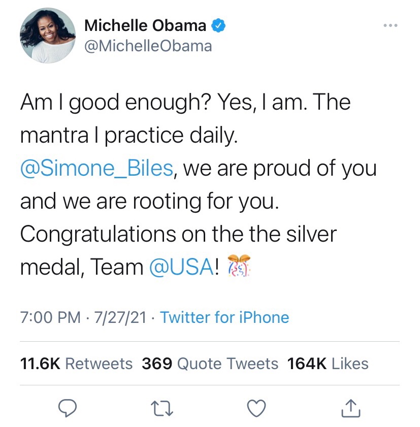 In addition to athletes, celebrities like Michelle Obama supported Biles on social media. 