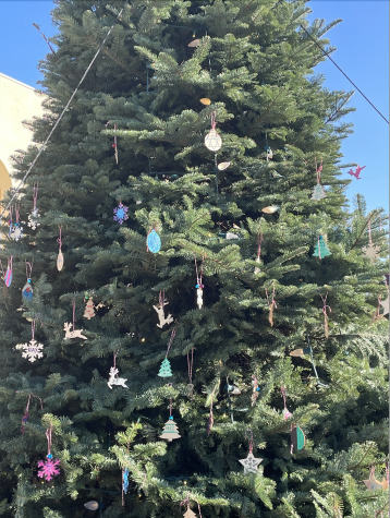 During Stress Less Week, Peer Support set up a table for ornament decorating. The Christmas tree on the terrace is filled with these student-made ornaments.