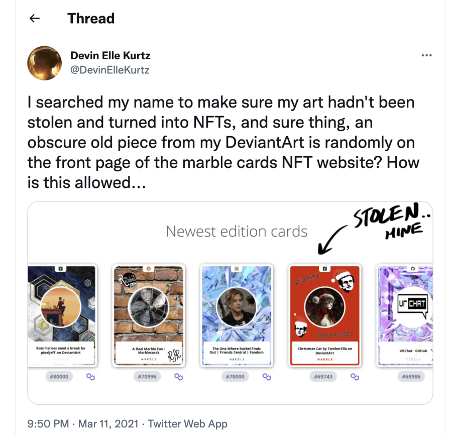 Artist Devin Elle Kurtz tweets about her distaste towards NFTs and how it have impacted her personally.
