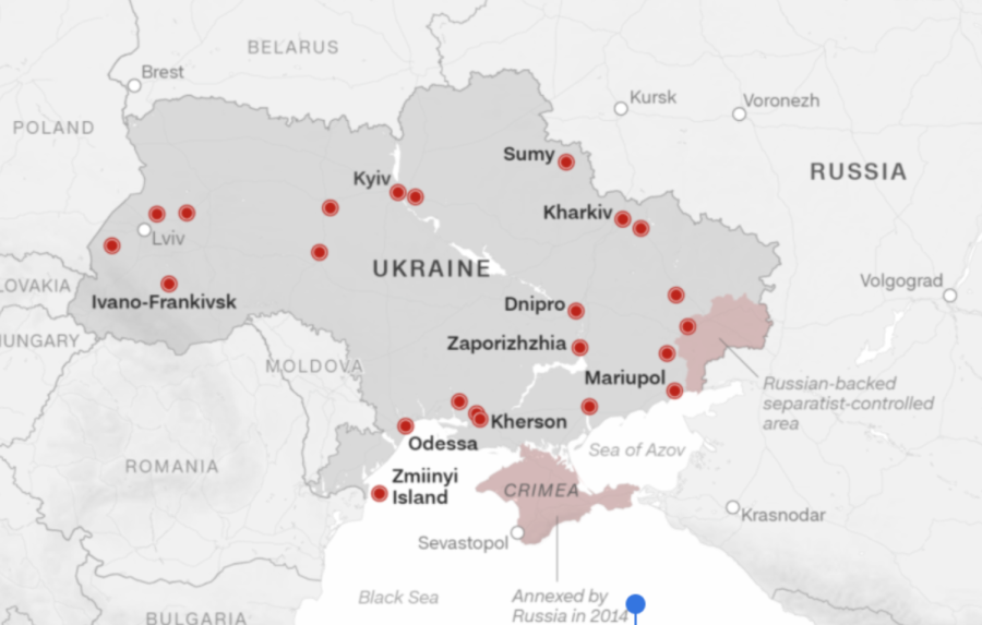 A map of the different places that Russian troops are throughout Ukraine. 