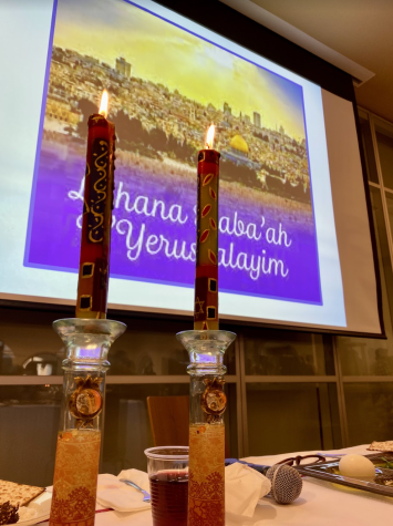 LShana Habaah BYerushalayim, as shown on the projector, means Next Year in Jerusalem. Families around the world end their seder with this prayer.