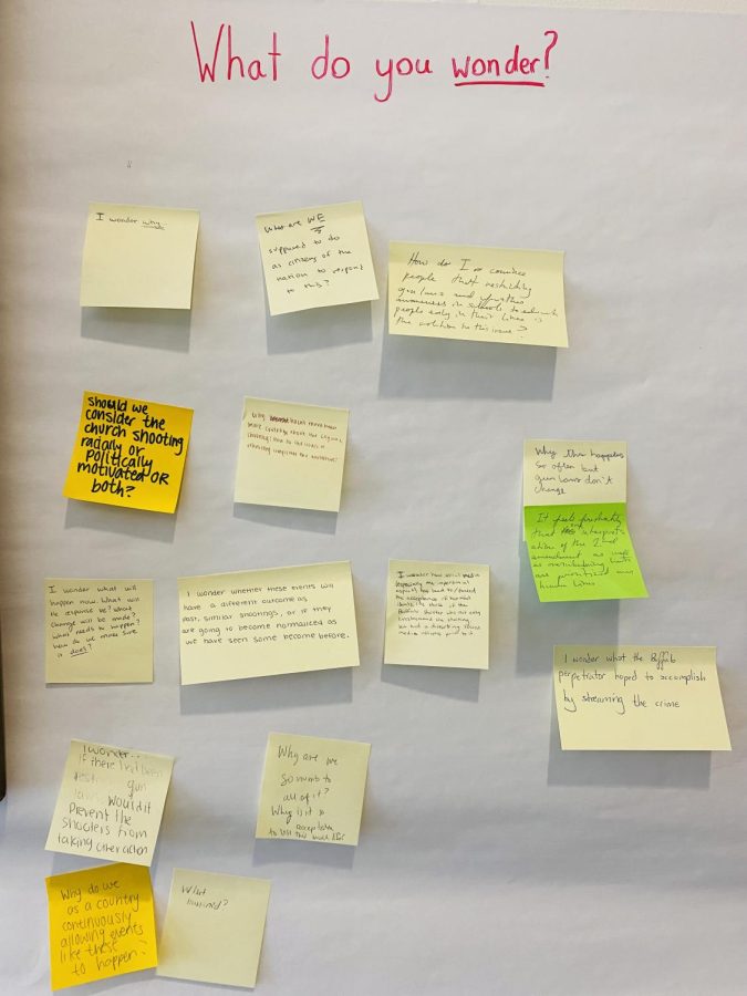 In+the+Town+Hall%2C+Director+of+Diversity%2C+Equity%2C+Inclusion%2C+%26+Justice+Mr.+David+Thompson+encouraged+attendants+to+write+post-it+note+responses+to+posters+he+had+scattered+across+the+room.
