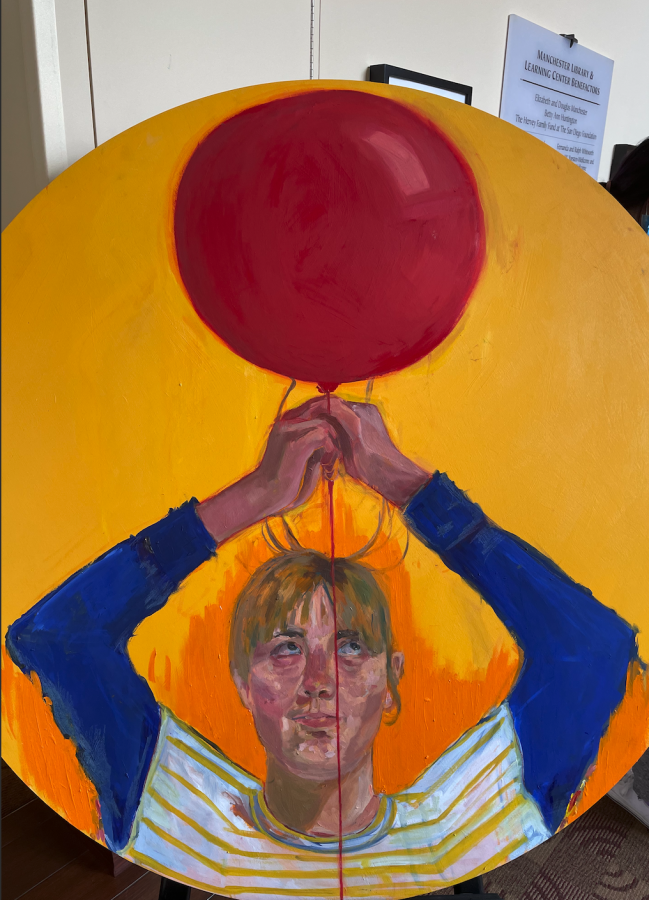 The beginning of Dear... is an untitled piece featuring a person holding a balloon illuminated by orange and yellow paint of the background.