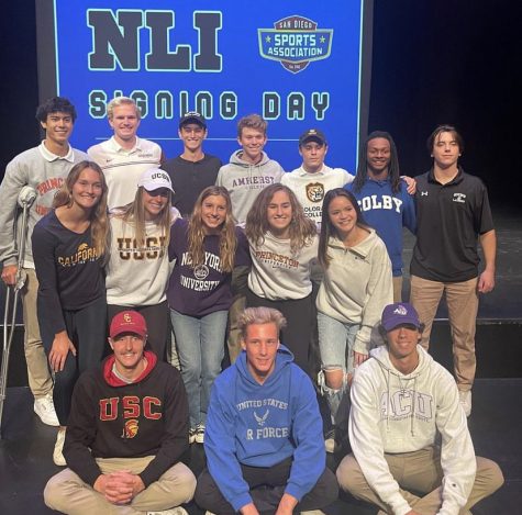 Back Row left-right: Jameson Vaccaro (Princeton, Volleyball), Oliver Price (Harvard, Water Polo), Aden Dorros (Bowdoin, Tennis), Rex Harrison (Amherst, Tennis), Wyatt Linggi (Colorado College, Soccer), Raynall Thornton (Colby, Football), Casey Ryan (Bowdoin, Lacrosse). Middle Row left-right: Julia Bonaguidi (UC Berkeley, Water Polo), Erin Ellsworth (UCSB, Soccer), Kate Steinmeier (NYU, Swimming), Sydney Bold (Princeton, Volleyball), Novalyne Petreikis (Rochester, Field Hockey). Bottom Row left-right: Chase Landa (USC, Water Polo), Alex Zarcu (Air Force Academy, Water Polo), Jake Molinar (Abilene Christian, Baseball).
