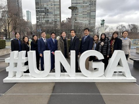 The Bishop’s MUN Team stands behind a #UNGA (United Nations General Assembly) sign, located at  the United Nations Headquarters building. The UN Headquarters building was one of the many tourist attractions the team visited throughout their trip. 

