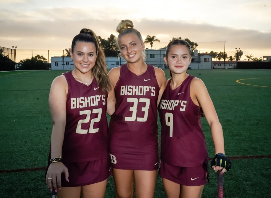 (From Left-to-Right Co-Captains of the varsity Field Hockey Team Kate Peterson (23), Erika Pfister (23).  Novalyne Petrikeis (23)) are three examples of the qualities of a captain — kind, tendacious, and  a deep love for the game. 