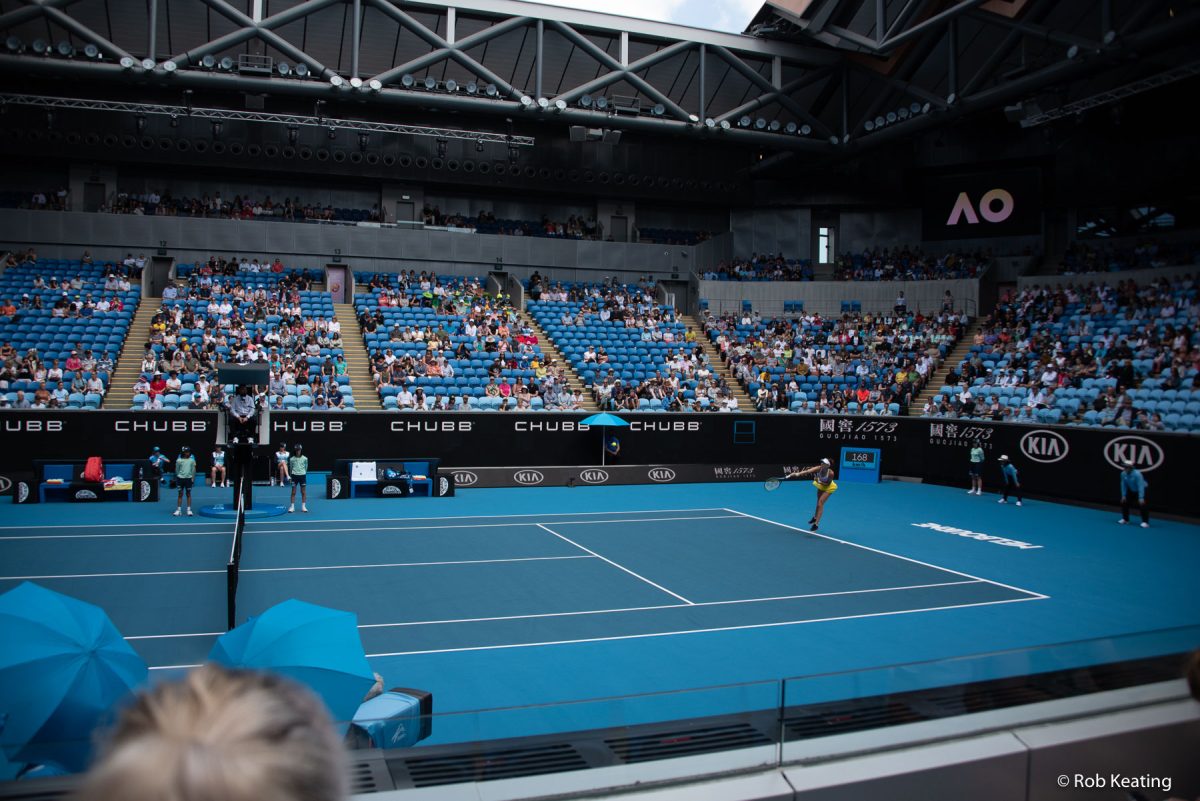 The 2020 Australian Open with Belinda Bencic playing on the Margaret Court Arena. The Margaret Court Arena is the second biggest arena in Melbourne Park with a capacity of 7,500.