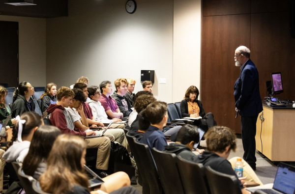Students in Religion and Ethics Chair Dr. Regina Ballard’s class listen to Micheal Lapsley speak. Mr. Lapsley is a South African priest and social activist who suffered serious injuries after receiving a letter bomb in 1990.
