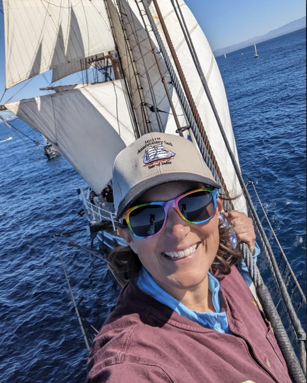 Ms. Bishop volunteers as a qualified sail crew member on the Star of India with the San Diego Maritime Museum. The Star of India is over 160 years old. 