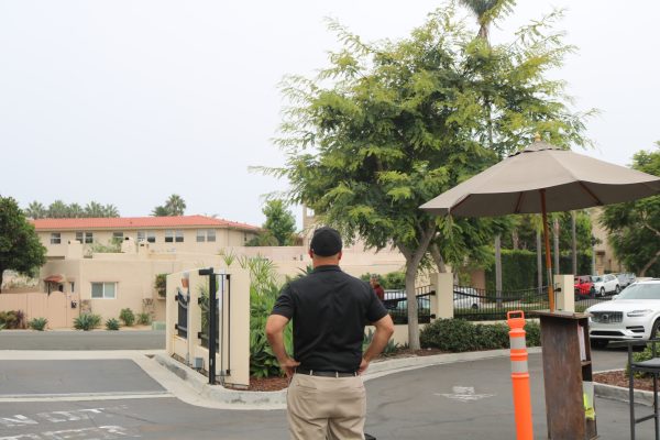 Danny Newsom, Director of Security for the Bishop’s School standing guard at Bishop’s on October 1. Bishop’s security guards the front entrance during the full school day, as well as before and after school.