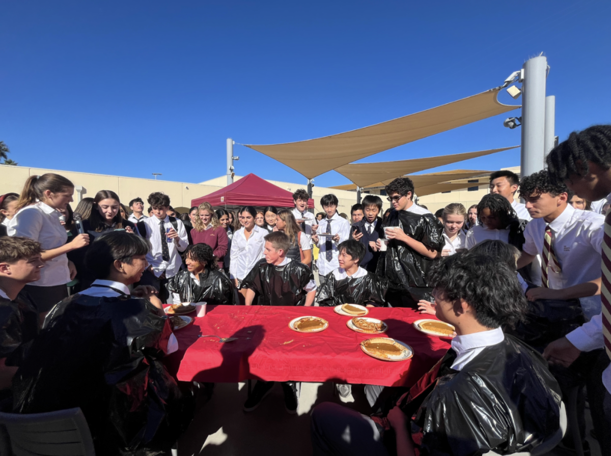 Eager students crowded around the pie eating contestants, rooting for who they hoped to win. Caden Yang (‘28) said, “I have my friends there. I told them to watch me compete.”