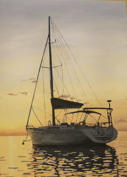 Sunset at Sea: A sailboat floats on the glistening waters in Italy.
