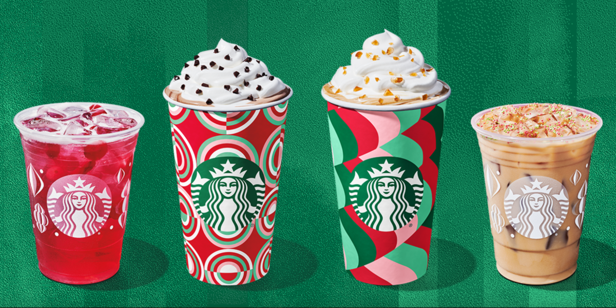 Starbucks’ new Cran-merry refreshers (far left), Peppermint Mochas, Caramel Brulée Lattes, and Iced Sugar Cookie Almondmilk Lattes help people get into the holiday spirit!