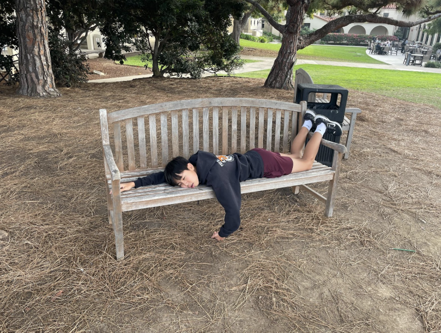 No one actually sleeps on the bench(I think) but Edward Baek (‘28) enacts how a sleep deprived student might act here.