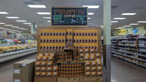 It’s hard not to look at the eye-catching displays at the front of the aisles. This stand at the Pacific Highlands Ranch Village on October 12th was stacked with pumpkin muffin mix, pumpkin butter in a jar, pumpkin cereal bars…whew. Did I mention pumpkin?