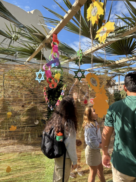 The sukkah also had decorations hanging above the roof of palm fronds and wood beams, which included many stars of David, paper chains, and other jewish ornaments relating to Sukkot.