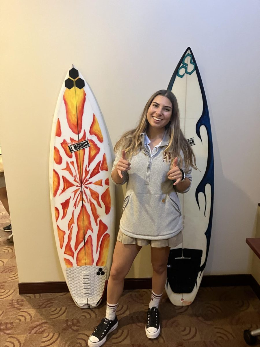 Reese often paints different surfboards — just another canvas and art style she’s capable of skillfully designing. Surfing is one of Reese’s favorite pastimes; she picked up surfing after two consecutive ACL tears she suffered from playing beach volleyball. For her, it’s another means of exploring nature and delving into the complex world of the ocean. Whether it’s her art or her sport, Reese is never afraid to try something new and experiment despite the risks.