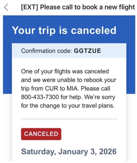 Jojo Perham’s (‘28) close friend Sofia Simpfendorfer received this email from the airline a day before her flight to Miami, marking the start to her chaotic journey home from Curaçao.