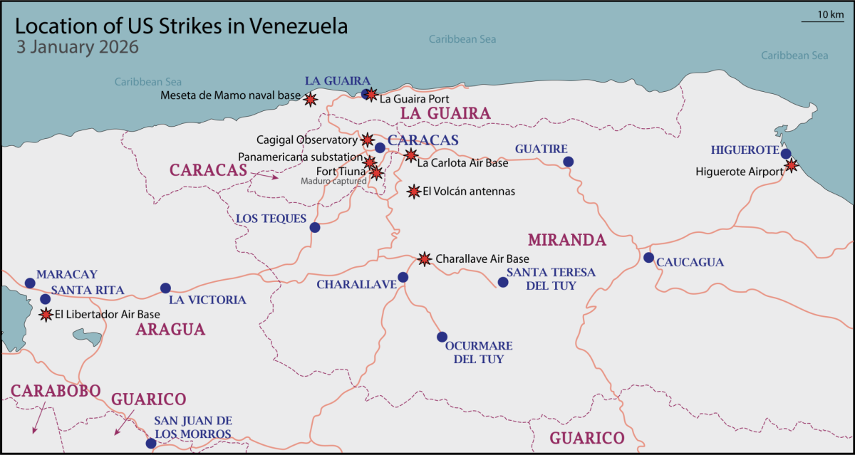 On January 3, the U.S. military struck key military bases, ports, and air defense systems across northern Venezuela, culminating in the capture of Nicolás Maduro at Fort Tiuna.