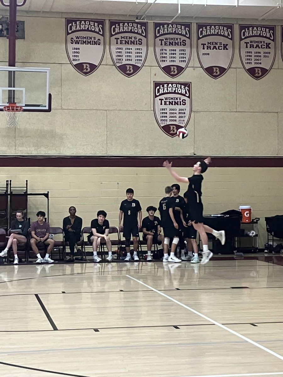 Above, David Beamer (‘28) elevates and delivers a serve in the second set of the Bishop’s Boys’ Volleyball game against the Pacific Ridge Firebirds. Heading into the game David admitted, “They’re the strongest opponent in our league.” However, David was confident, saying, “We’re a good team, so I have a good feeling about tonight.” The Knights are more than just “good.” With a 16-1 record and ranked seventh in the nation, the Bishop’s squad is one of the top teams in the country. 
