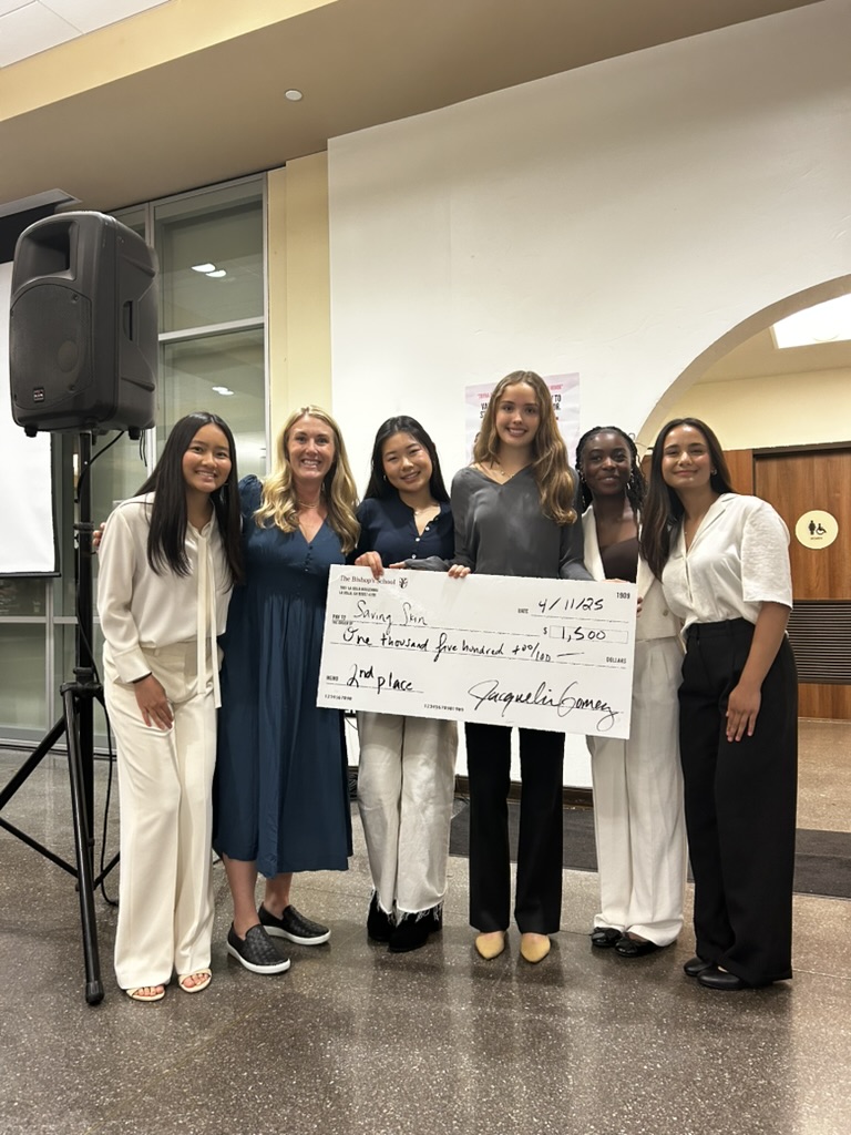 From left to right, Emelyn Huynh (‘27), Social Innovation Director Ms. Jackie Gomez, Jasmine Ren (‘27), Kate Bennett (‘27), Eseosa Bello (‘27), and Serena Abraham (‘27) celebrated their second-place finish in the competition in April of last year. Serena Abraham (‘27) said, “We were all so excited. We were just around each other and holding hands. It was amazing.”