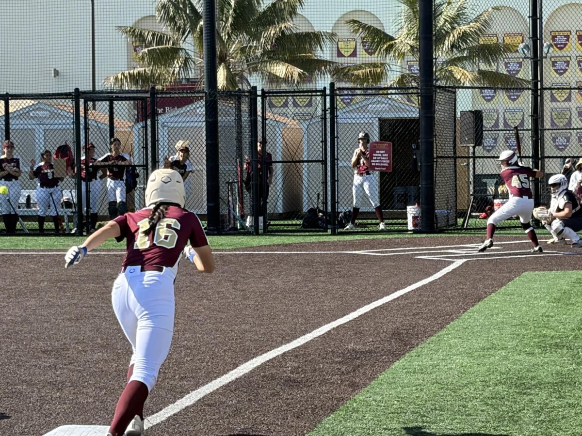 Jessica Yao (‘28) broke for home in the second inning as a Tri-City wild pitch allowed her to steal a run, sparking energy in the Knights’ dugout with Bella Bravo (‘26) advancing behind her.