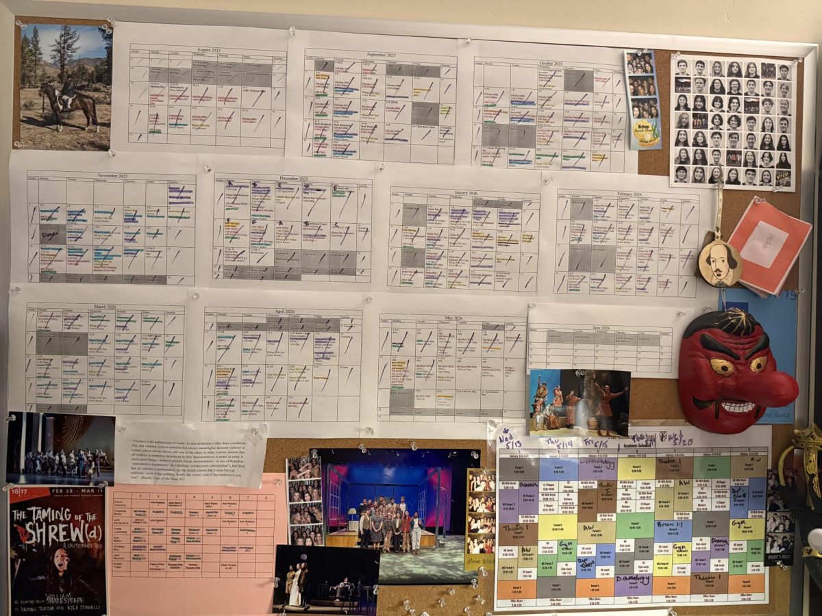 Pinned across Performing Arts Department Chair and Theater Arts Teacher Dr. Kristen Tregar’s office wall, the busy calendar shows the complexity of scheduling Bishop’s performing arts events. Productions and rehearsals must be coordinated around limited venues, school events, and the needs of multiple ensembles. “It’s a very difficult-to-manage puzzle,” Dr. Tregar said. 