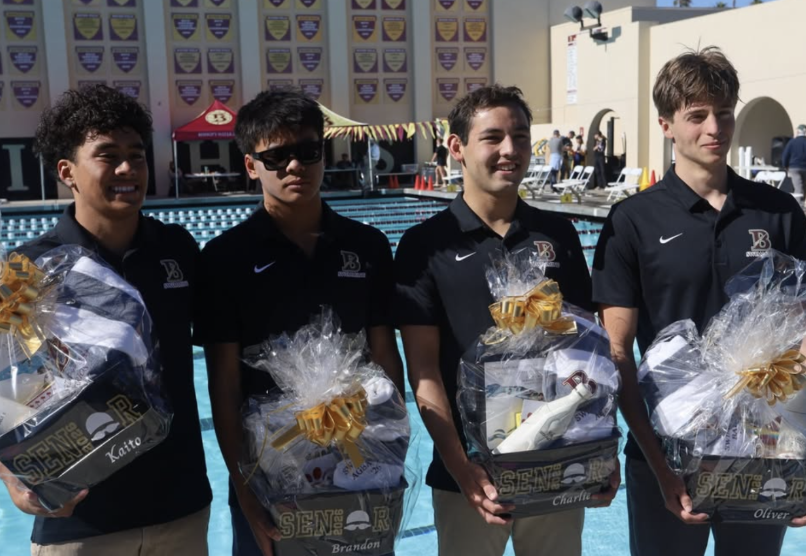 From left to right are seniors Kaito Berrios, Brandon Agbayani, Charlie Ahn, and Oliver Baum took a photo together after receiving gifts from the Senior Night ceremony made by parents of the swimmers. Charlie Ahn (‘26), said, “Bishop’s has been one of the best experiences and it is going to be something I really will miss.”