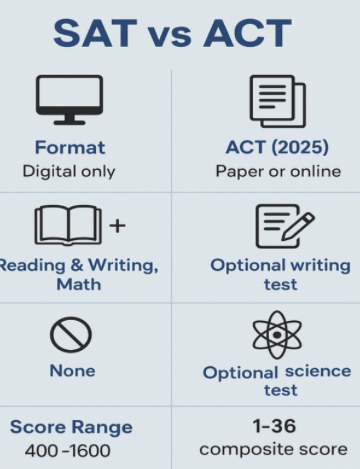 The SAT and ACT have many differences, including format, stress on certain subjects, optional add-ons, and scoring. JT Cochrane (‘28) shared one difference he’s noticed, saying, “On the ACT you read one long passage and could be asked about it for up to 10 questions, however, the SAT has new text to read every question.” 